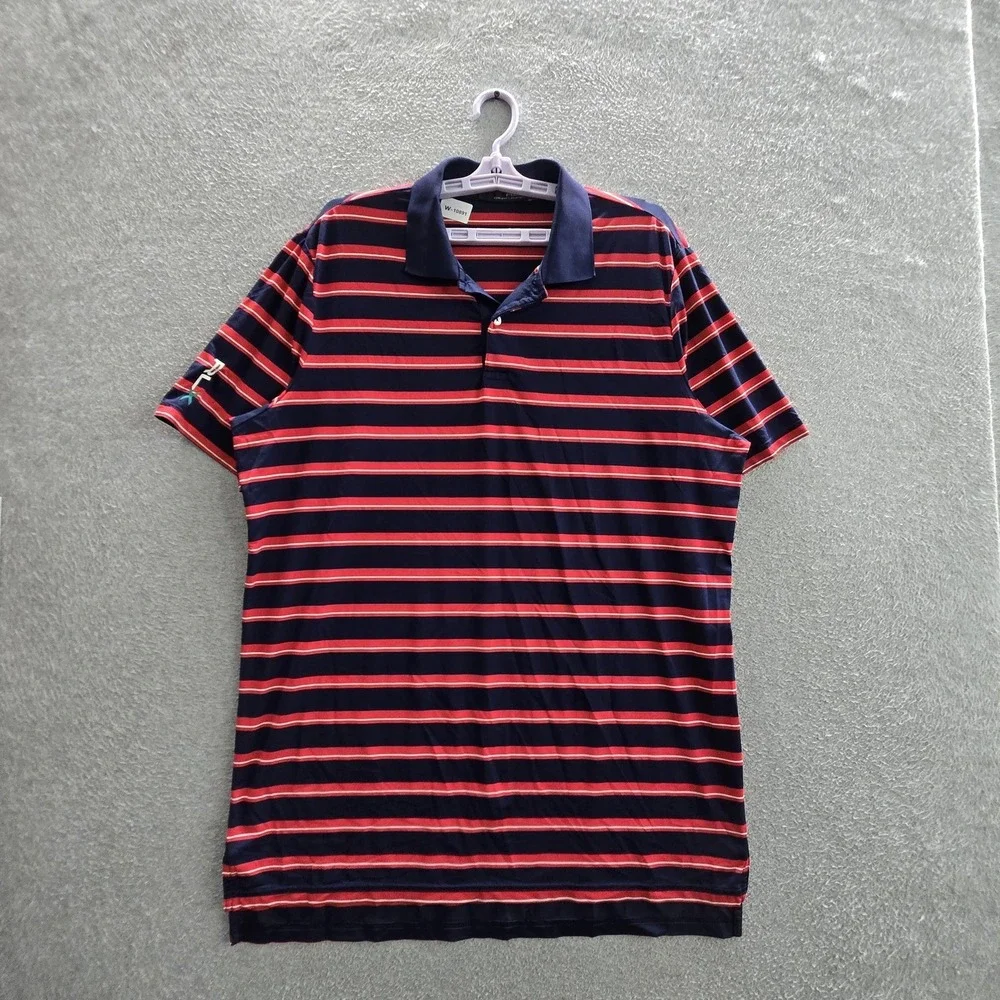 RLX Ralph Lauren Men Polo L Navy Red Striped Golf Short Sleeve Collar Logo
